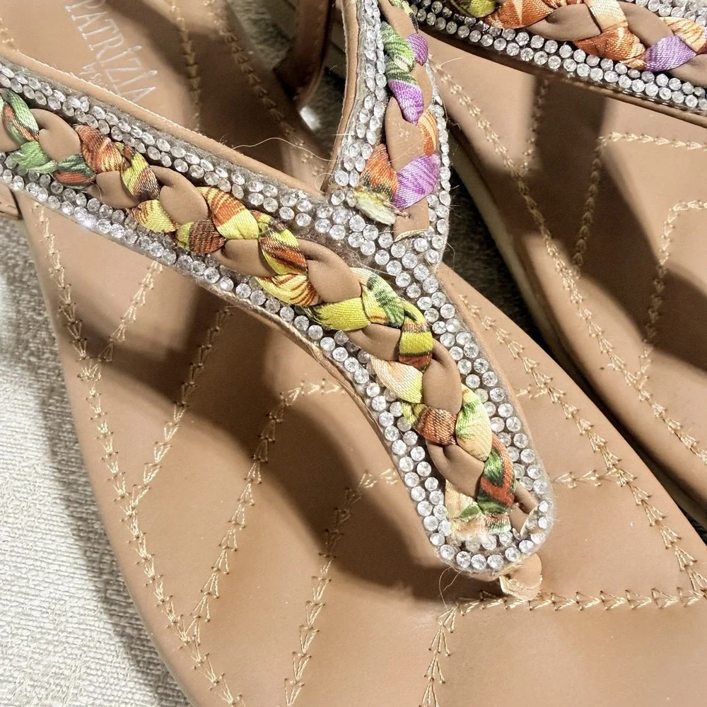 Patrizia by Spring Step Waterflow Tan Rhinestone Braided Slingback Sandals Sz 6